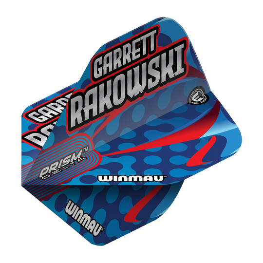 Winmau Prism Delta Garrett Rakowski Standard Flights Auf dem Bild ist ein Winmau Prism Delta Garrett Rakowski Standard Flight zu sehen. Das Design ist blau mit roten und hellblauen Akzenten und trägt den Namen "Garrett Rakowski".