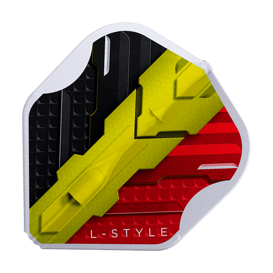 L-Style V-Series V1 Type C Belgium Clear White L1EZ Flights Dies ist ein Dartflight mit den Farben Schwarz, Gelb und Rot im Design der belgischen Flagge. Am unteren Rand steht in Weiß der Schriftzug "L-STYLE".
