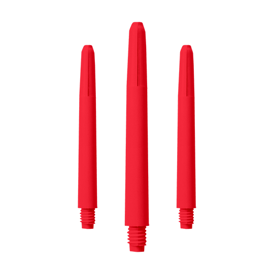 571_Nylon_Shafts_Rot_48mm_1 Das Bild zeigt drei rote Nylon-Schäfte. Sie sind in einer aufrechten Position nebeneinander angeordnet.