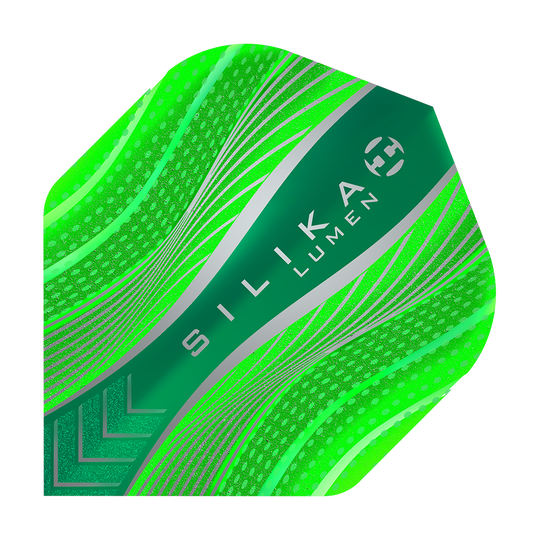 Das Bild zeigt ein grünes Dartflight mit dem Namen „Harrows Silika Lumen Green No2 Standard Flights“. Das Flight hat ein modernes Design mit leuchtenden grünen und silbernen Mustern sowie der Aufschrift „SILIKA LUMEN“.