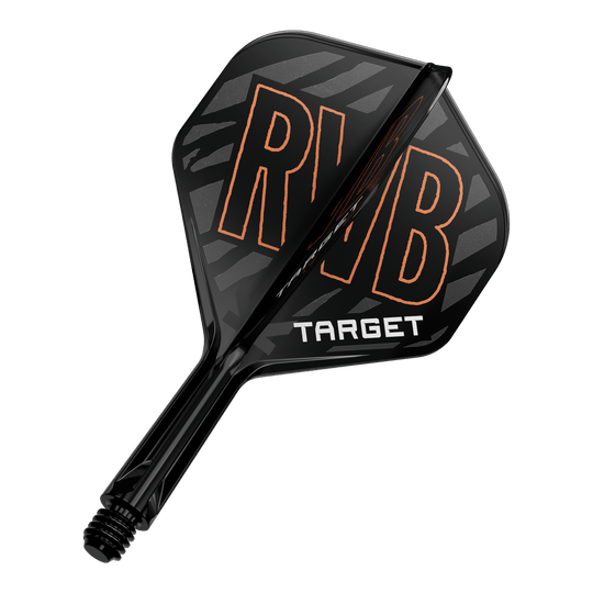 Target K-Flex Raymond Van Barneveld No2 Standard Flight Shaft System Das Bild zeigt einen schwarzen Dartflight mit der Aufschrift "RVB" in orange. Darunter steht das Wort "TARGET" in weißen Buchstaben.