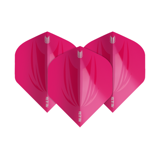 Das Bild zeigt drei pinkfarbene Dart-Flights des Modells "Target ProUltra ID Pink No2 Standard". Jeder Flight hat das Target-Logo und die Aufschrift "Pro Ultra" in weiß.