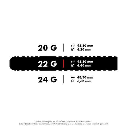 Das Bild zeigt die Maße und Gewichte von Unicorn Ross Smith Two-Tone Steeldarts. Die Darts sind in 20 g, 22 g und 24 g mit unterschiedlichen Durchmessern erhältlich.