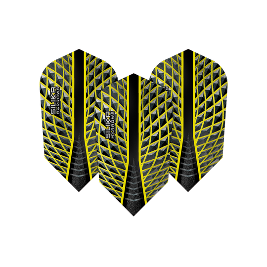 HR87_Harrows_Silika_Yellow_Slim_Flights_1Ds9OAEkWP6W0e Das Bild zeigt drei Harrows Silika Yellow Slim Flights. Die Flights sind schwarz mit einem gelben, netzartigen Muster und dem Aufdruck "SILIKA HARROWS".