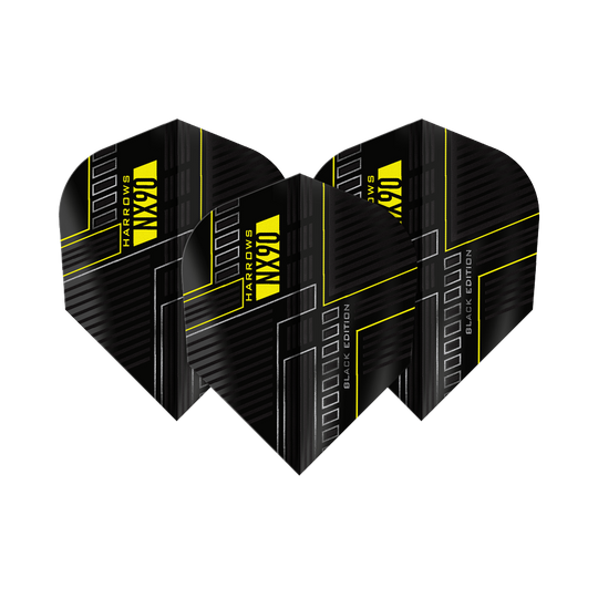 Harrows NX90 Black Edition No6 Flights Das Bild zeigt drei schwarze Dart-Flights mit dem Namen "Harrows NX90 Black-Edition No6". Die Flights haben ein modernes Design mit gelben Linien und Schriftzügen.