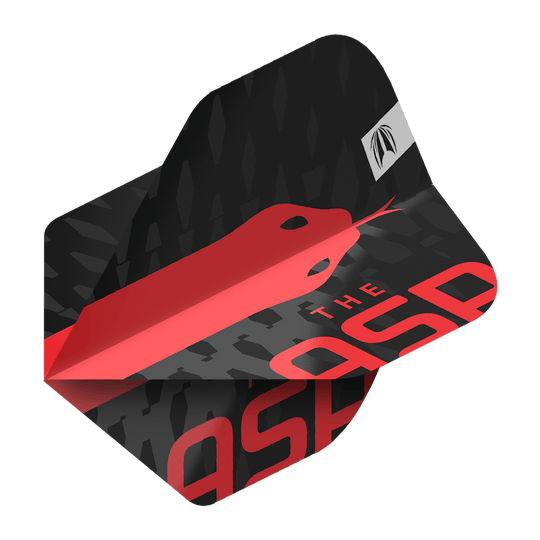 Das Bild zeigt ein Dart-Flight mit einem schwarzen und roten Design sowie der Aufschrift „THE ASP“. Auf dem Flight ist eine stilisierte rote Schlange abgebildet.