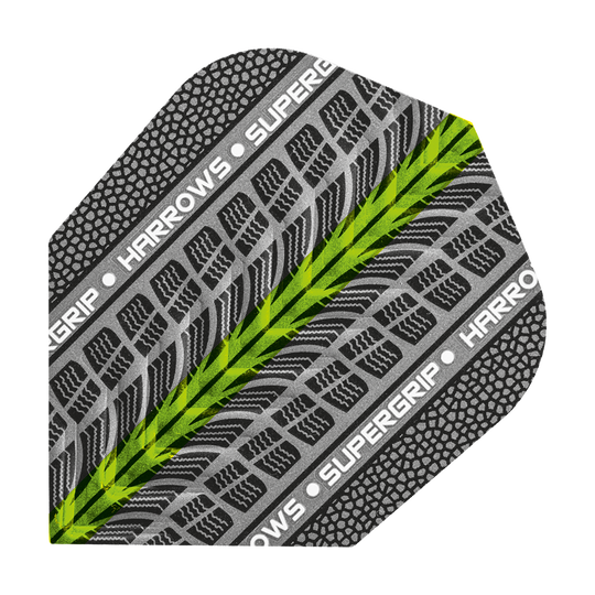 HR73_Harrows_Supergrip_Gr-n_No6_Flights_1 Das Bild zeigt ein Dartflight mit dem Namen "Harrows Supergrip Grün No6 Flights". Das Flight ist überwiegend schwarz-grau mit einem markanten grünen Streifen und dem Schriftzug "HARROWS SUPERGRIP".