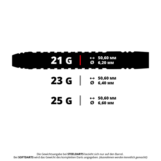 Unicorn Wraith steel darts Das Bild zeigt verschiedene Gewichte und Maße von Unicorn Wraith Steeldarts. Für 21 g beträgt der Durchmesser 6,2 mm, für 23 g 6,4 mm und für 25 g 6,6 mm, jeweils bei einer Länge von 50,6 mm.
