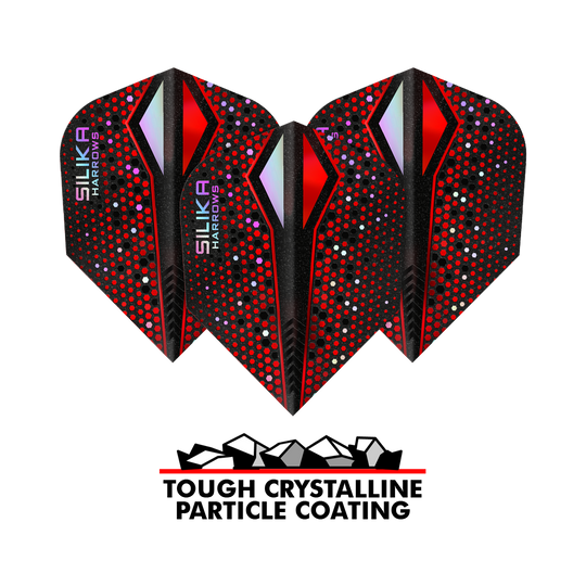 Harrows Silika Colorshift Tough Crystalline Coating Red-X No6 Flights Das Bild zeigt drei Dart-Flights der Marke Harrows Silika Colourshift in Rot und Schwarz mit bunten Punkten. Unter den Flights steht der Text „Tough Crystalline Particle Coating“ mit einer Grafik von kleinen Kristallen.