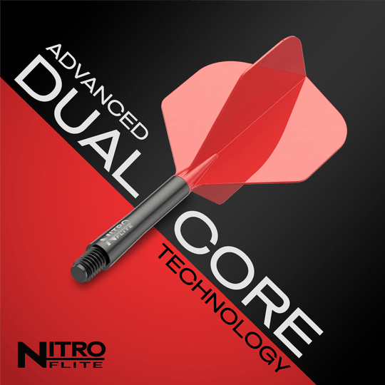 Das Bild zeigt die Red Dragon Nitroflite - Black Shaft Red No2 Flights. Die Dart-Flights sind schwarz und rot gestaltet.