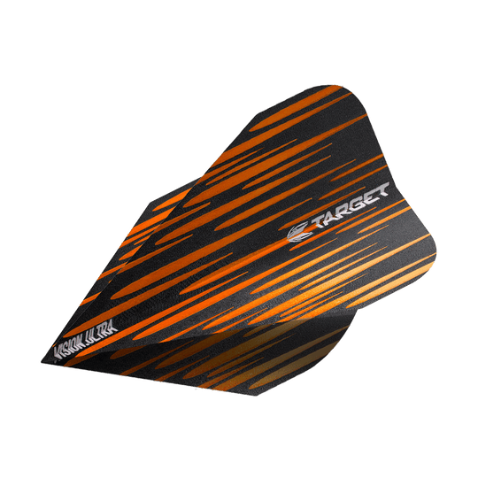 TG72_332380_Target_Vision_Ultra_Spectrum_Orange_Vapor_Flights_2 Das Bild zeigt ein Target Vision Ultra Spectrum Orange Vapor Flight. Das Flight ist schwarz mit orangefarbenen Streifen und dem Target-Logo bedruckt.