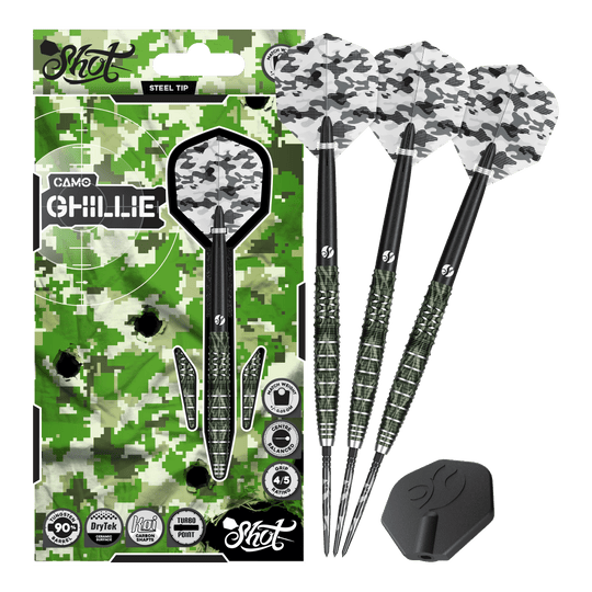 Shot Camo Ghillie Turbo Point Steeldarts - 23g Shot Camo Ghillie Turbo Point Steeldarts mit 23 Gramm werden präsentiert. Die Steeldarts haben ein auffälliges Tarndesign.