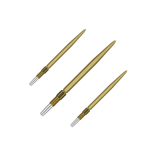 Target Swiss Point Nano Dart Tips - Gold Auf dem Bild sind drei goldfarbene Dartspitzen zu sehen. Sie haben eine feine Riffelung und ein silbernes Schraubgewinde am Ende.