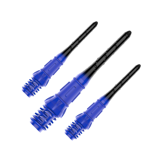 L-Style Premium Lippoint Gradiation Dart Tips (Pack of 30) Das Bild zeigt drei schwarze und blaue Dartspitzen aus Kunststoff. Sie sind nebeneinander auf einem transparenten Hintergrund angeordnet.