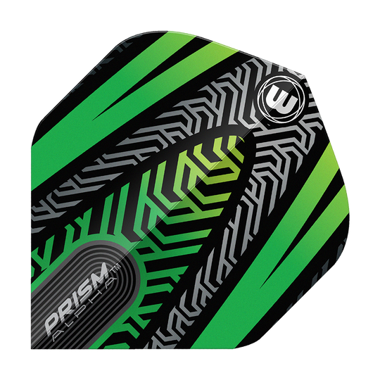 Das Bild zeigt ein Winmau Prism Alpha Schwarz Grün No2 Standard Flight. Das Design ist schwarz mit grünen und silbernen Mustern sowie dem Winmau-Logo.