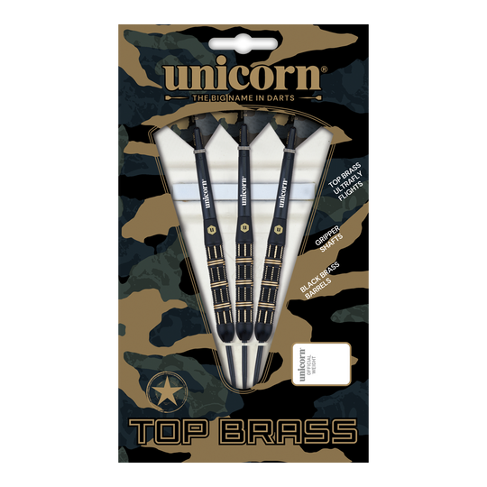 Unicorn Top Brass V3 Steeldarts - 21g Auf dem Bild ist das Produkt „Unicorn Top Brass V3 Steeldarts - 21g“ zu sehen. Die Verpackung enthält drei schwarze Darts mit goldenen Akzenten und weiß-schwarzen Flights.