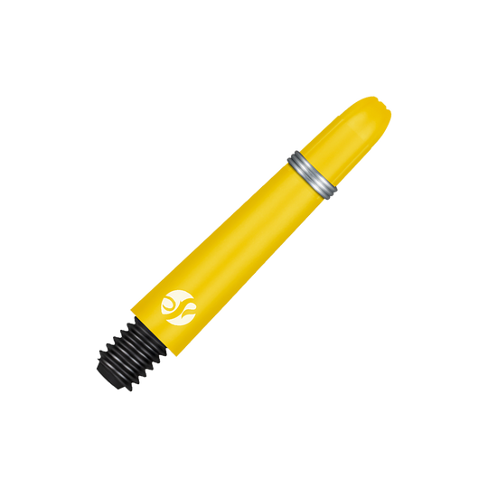 Shot Koi Carbon Shafts - Yellow Das Bild zeigt einen gelben Carbon-Schaft mit schwarzem Gewinde und silbernem Ring. Auf dem Schaft ist ein weißes Logo abgebildet.