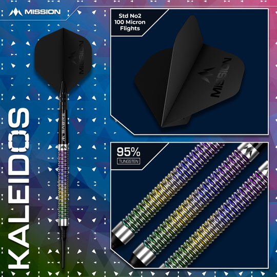 Mission Kaleidos soft darts - 19g Hier ist Mission Kaleidos Softdarts - 19g zu sehen. Die Darts eignen sich perfekt für elektronische Dartboards.