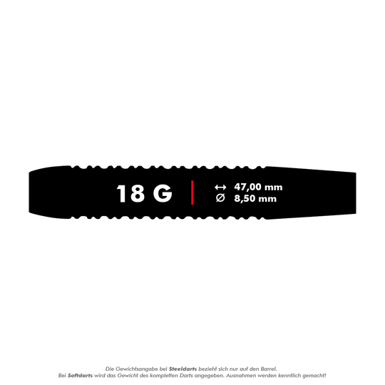 23662_Unicorn_Gary_Anderson_Black_Brass_Softdarts_5_18g Das Bild zeigt die Maße und das Gewicht der Unicorn Gary Anderson Black Brass Softdarts – 18g. Der Dart wiegt 18 Gramm, ist 47,00 mm lang und hat einen Durchmesser von 8,50 mm.