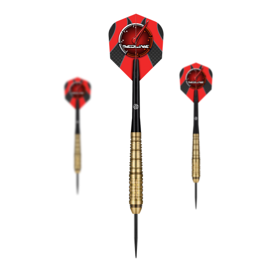 Shot Redline Mach 1 steel darts Das Bild zeigt drei Steeldarts des Produkts "Shot Redline Mach 1". Die Darts haben rote Flights mit einem Logo und goldene Griffe.