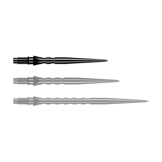 Abgebildet ist eine einzelne schwarze Winmau Switch Point Groove Steeldartspitze, 26 mm lang. Sie eignet sich zum Austausch von Steeldartspitzen.