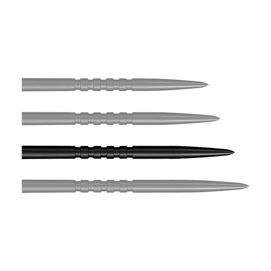 Shot Grip Point steel dart tips - Black Das Bild zeigt vier schwarze Stahlspitzen für Steeldarts, die nebeneinander liegen. Jede Spitze ist 38 mm lang und hat gerillte Griffzonen.