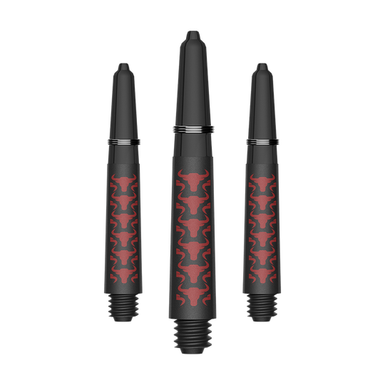 Bulls NL Capo Carbon Shafts - Red Das Bild zeigt ein Set aus roten Capo Carbon Shafts mit einer kurzen Länge von 34mm. Es handelt sich um Zubehör für Dartpfeile.