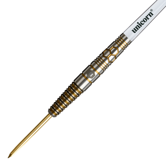 Das Bild zeigt die Unicorn Hexium Style 03 Gold & Black Steeldarts. Die Steeldarts sind in goldener und schwarzer Farbe gestaltet.