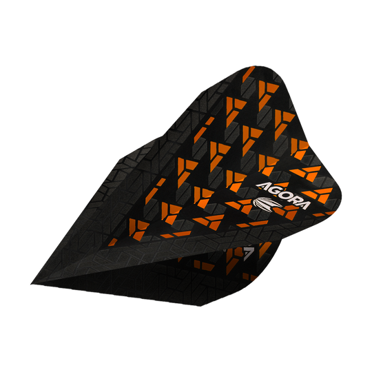Das Bild zeigt ein Target Agora Ghost Orange Vapor Flight für Darts. Das Flight ist schwarz mit einem auffälligen orangenen Muster und dem Schriftzug "AGORA".