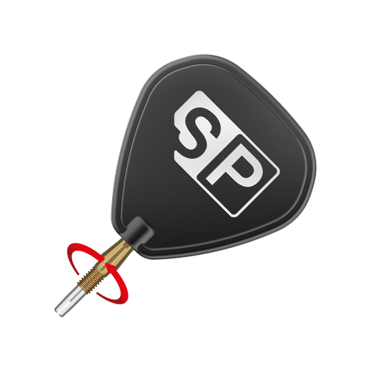 Target Swiss Storm Diamond Point Dart Tips - Gold Das Bild zeigt eine schwarze Dartflügel mit der Aufschrift "SP" in weiß. Daran ist eine goldene Dartspitze befestigt.