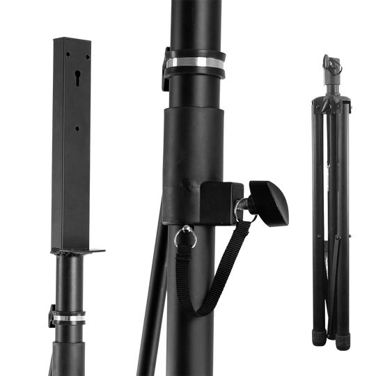 67909_Bulls_Vibex_H_Dartboard_St-nder_4 Das Bild zeigt den Bulls Vibex H Dartboard Ständer aus verschiedenen Blickwinkeln. Der Ständer ist schwarz, höhenverstellbar und zusammenklappbar für einfachen Transport.