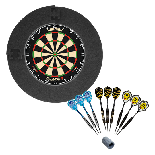 Winmau Blade 6 Bundle with 9 McDart steel darts and catch ring