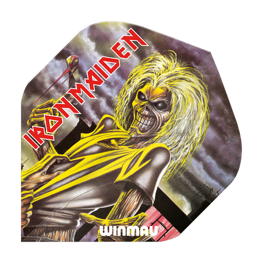 Das Bild zeigt ein Winmau Rockstar Legends Iron Maiden Killers Standard Dart-Flügel. Auf dem Flight ist das bekannte Iron Maiden Maskottchen "Eddie" mit gelben Haaren und gruseligem Aussehen abgebildet.