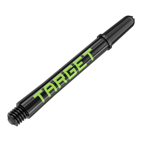 Target Pro Grip TAG Shafts - 3 Sets - Black Green Zwei Dart-Schäfte in harmonischer Anordnung werden präsentiert. Die Linie und das Profil der Produkte sind markant.