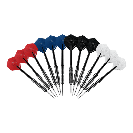Bulls NL Bundle Of Steel - 4 Sets Brass Steeldarts Abgebildet ist das Produkt Bulls NL Bundle Of Steel - 4 Sets Brass Steeldarts. Es sind vier Sätze Steeldarts aus Messing dargestellt.
