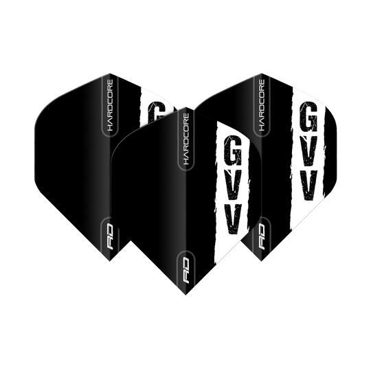 Red Dragon Hardcore Gian Van Veen Black Logo Standard Flights Das Bild zeigt drei schwarze Dartflights mit dem weißen Aufdruck "GVV" und dem Schriftzug "HARDCORE". Es handelt sich um das Produkt "Red Dragon Hardcore Gian Van Veen Black Logo Standard Flights".
