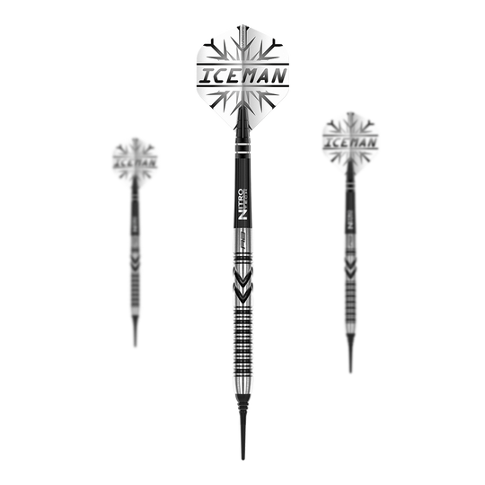 Das Bild zeigt drei Softdarts des Modells "Red Dragon Gerwyn Price Thunderbolt - 20g". Auf den Flights steht "ICEMAN" und die Darts haben ein schwarz-silbernes Design.