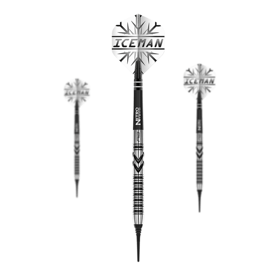 Red Dragon Gerwyn Price Thunderbolt Soft Darts - 20g Das Bild zeigt drei Softdarts des Modells "Red Dragon Gerwyn Price Thunderbolt - 20g". Auf den Flights steht "ICEMAN" und die Darts haben ein schwarz-silbernes Design.