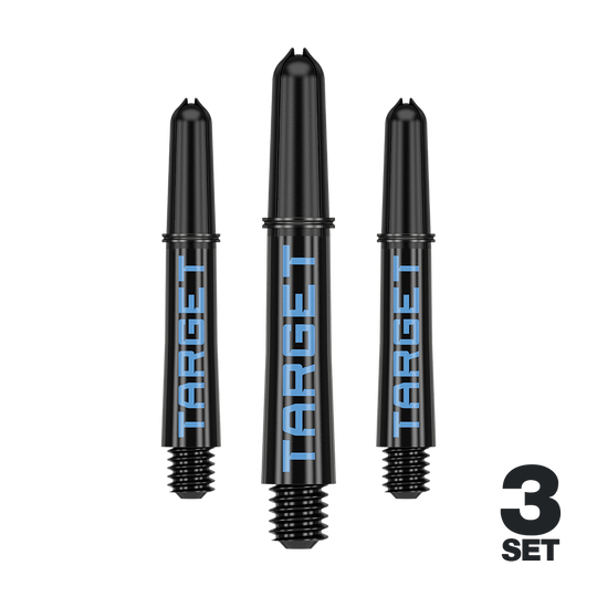 Target Pro Grip TAG Shafts - 3 Sets - Black Blue Auf dem Bild sind drei schwarze Dartschäfte mit blauer "TARGET"-Beschriftung zu sehen. Unten rechts steht "3 SET", was auf ein Set aus drei Stück hinweist.