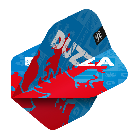 Das Bild zeigt die Target ProUltra Glen Durrant No2 Standard Flights. Die Flights sind überwiegend blau mit roten und weißen Akzenten sowie dem Schriftzug "DUZZA".