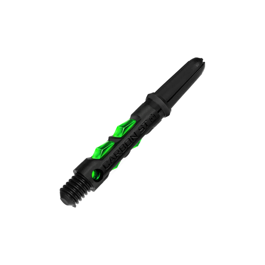 HR422_Harrows_Carbon_ST_Shafts_Gr-n_33mm_2 Das Bild zeigt einen Harrows Carbon ST Shaft in der Farbe Grün. Der Schaft besteht aus schwarzem Material mit auffälligen grünen Akzenten.