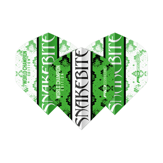 Red Dragon Peter Wright Snakebite Green White Yin Yang Standard Flights Das Bild zeigt drei Dart-Flights in den Farben Grün, Weiß und Schwarz mit der Aufschrift "Snakebite". Auf den Flights steht außerdem "World Champion Edition" und das Red Dragon Logo.