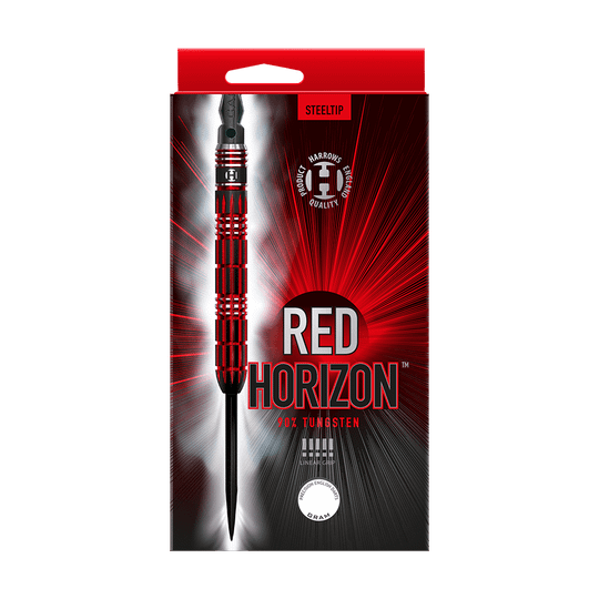 HA33577_Harrows_Red_Horizon_Steeldarts_3 Auf dem Bild ist eine Packung Steeldarts mit dem Namen "Red Horizon" zu sehen. Die Verpackung ist überwiegend rot und schwarz und zeigt ein Bild eines einzelnen Darts.
