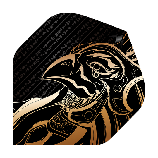 Das Bild zeigt das Produkt "Mission Solo Horus No2 Standard Flights" mit einem gold-schwarzen Design. Darauf ist ein stilisierter Horus-Kopf im ägyptischen Stil abgebildet.