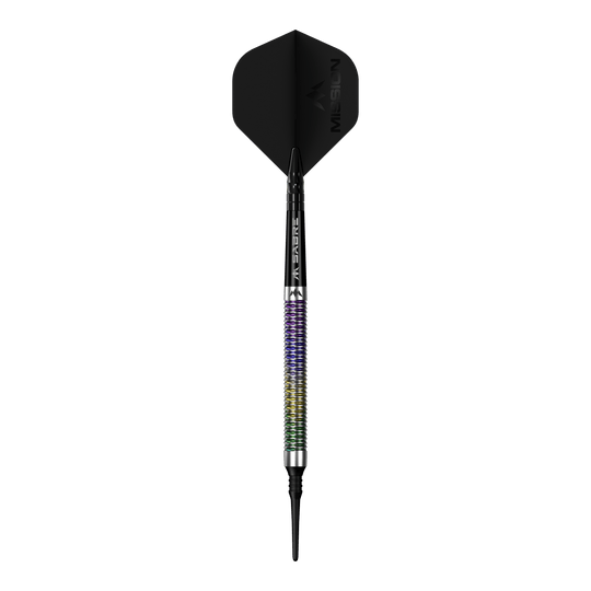 Das Bild zeigt den Mission Kaleidos Softdarts - 19g. Der Softdart ist seitlich dargestellt.