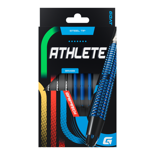 GOAT Athlete Blue Brass Steeldarts - 12g Die Abbildung zeigt die Verpackung der GOAT Athlete Blue Brass Steeldarts mit einem Gewicht von 12g. Auf der Verpackung sind blaue, strukturierte Darts sowie die Aufschrift "ATHLETE" und "GRIPTECH" zu sehen.