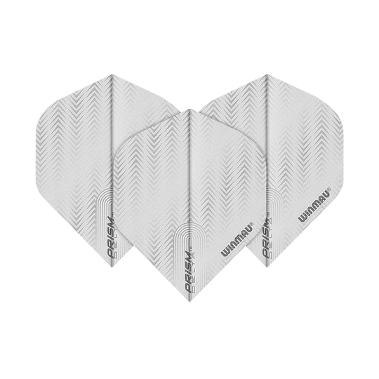 Das Bild zeigt drei weiße Dart-Flights des Modells "Winmau Prism Delta 6915.204 Standard". Auf jedem Flight sind dezente Muster und die Schriftzüge "PRISM DELTA" und "WINMAU" zu sehen.