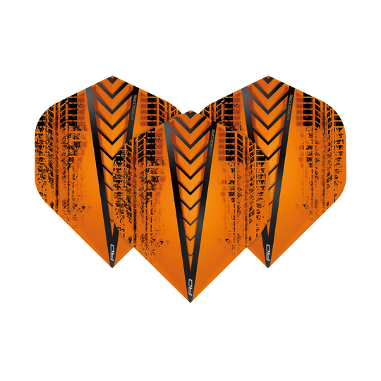 Das Bild zeigt drei Dart-Flights des Modells "Red Dragon Hardcore Radical Orange Standard Flights". Sie sind orange mit schwarzen Mustern und Streifen gestaltet.