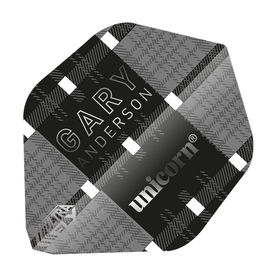 Dies ist ein Dart-Flügel mit einem Schwarz-Grau-Karo-Muster und weißen Akzenten. Auf dem Flügel stehen die Namen "Gary Anderson" und "unicorn".