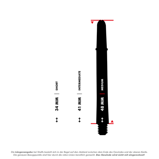 110181_Target_Pro_Grip_Shafts_5_48mm_3Varianten7ziIdQsXmzFaF Das Bild zeigt drei verschiedene Längen von Dartshafts: 34 mm (Short), 41 mm (Intermediate) und 48 mm (Medium). Die Maße beziehen sich auf den Abstand zwischen dem Ende des Gewindes und der oberen Kante, welche durch rote Linien markiert sind.